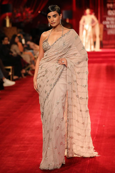Silver embroidered sari set