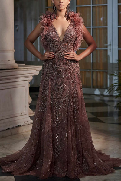 Claret embellished tulle gown