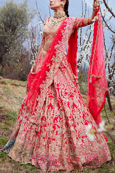 Red embroidered bridal lehenga set