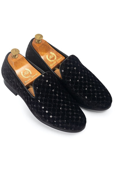 Black sequin and thread embroidered slip-ons