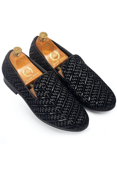 Black thread and sequin embroidered slip-ons