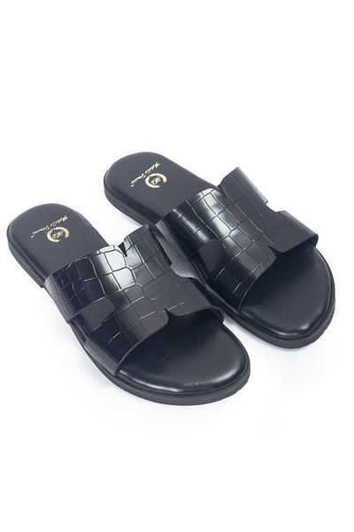 Black croco embossed leather slippers