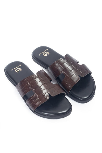 Brown croco embossed leather slippers