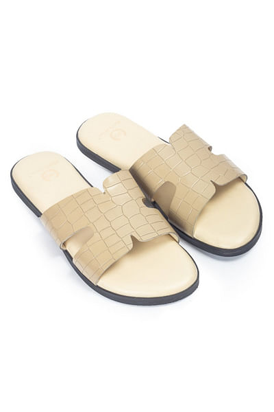 Beige croco embossed leather slippers