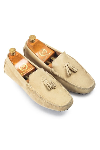 Beige suede tassel loafers