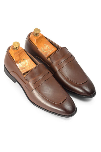 Brown handcrafted faux leather penny slip-ons