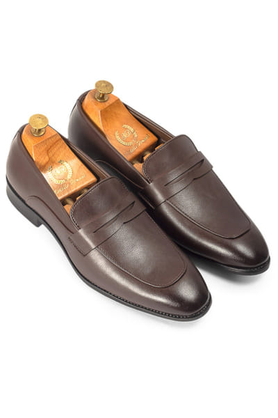 Tan handcrafted faux leather penny slip-ons