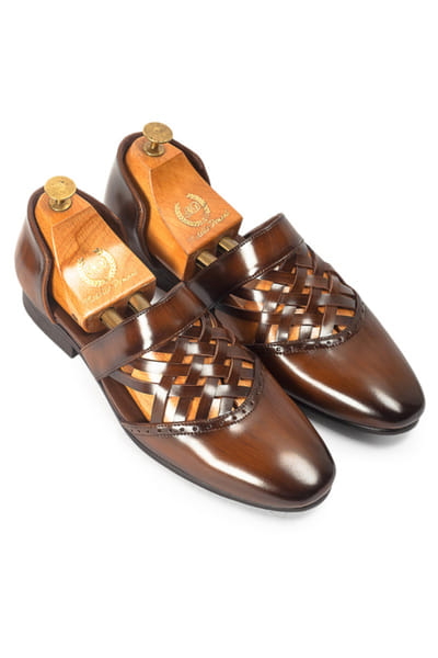 Tan brown criss-cross woven leather slip-ons