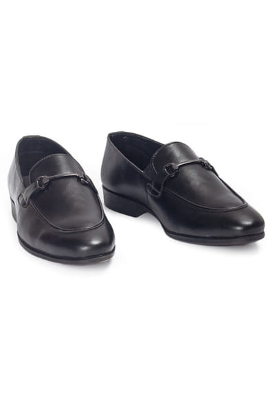 Black buckled faux leather slip-on shoes