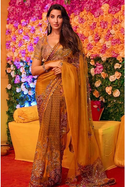 Kesar floral printed pre-draped sari set