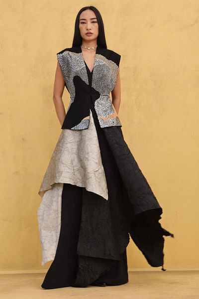 Black embroidered overlay and draped jumpsuit