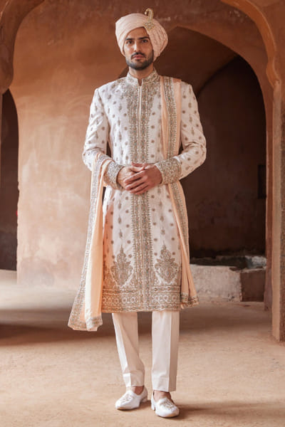 Blush pink dabka embroidered sherwani set