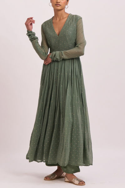 Leaf green chanderi anarkali set