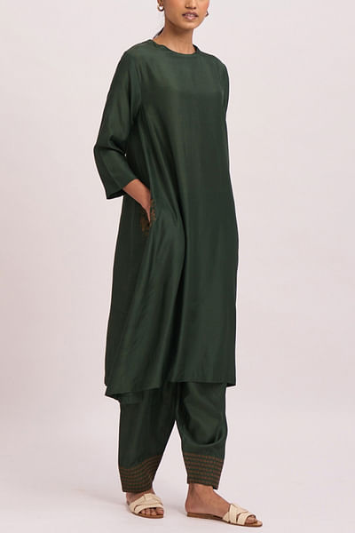 Deep green cotton silk kurta set
