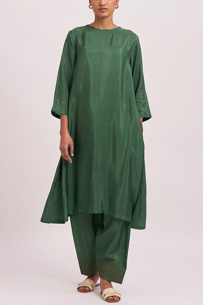 Olive green cotton silk kurta set