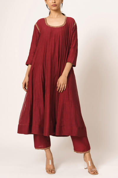 Maroon chanderi kalidar kurta set