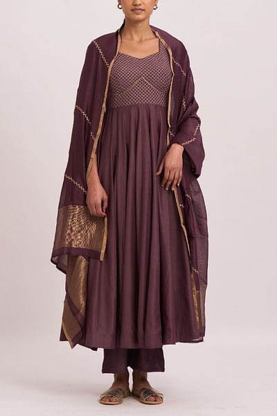Wine cotton silk kurta set