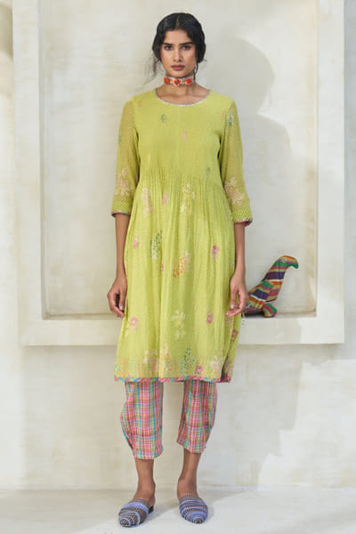 Punch pink check cotton pants