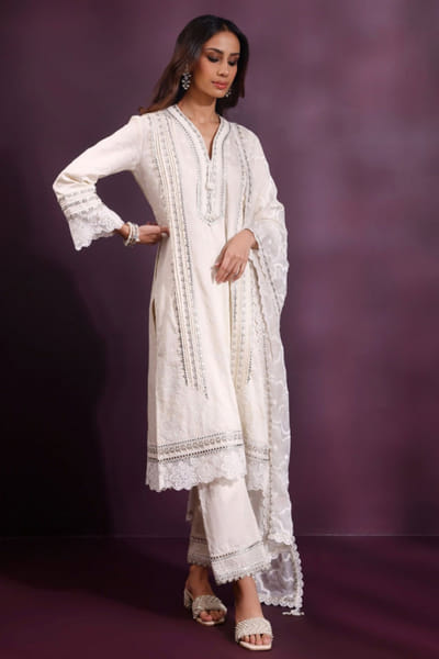 Off white tonal embroidered kurta set