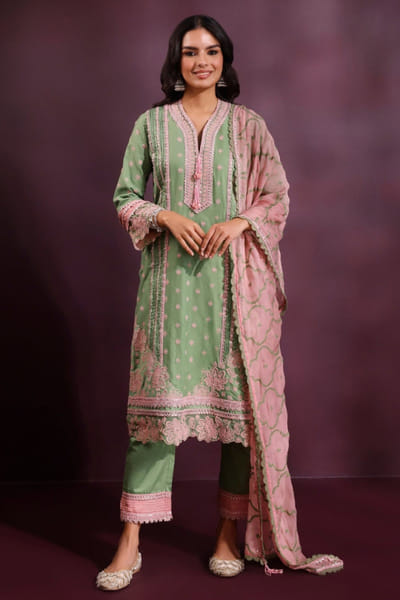 Parrot green embroidered kurta set