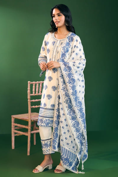 Off white embroidered pima satin kurta set