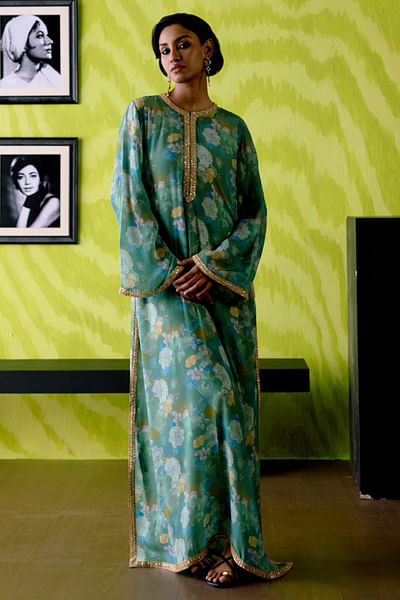 Green apple floral printed slit dress