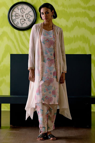 Ivory floral printed kurta jacket set