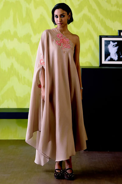 Mocha floral appliqued one-shoulder dress