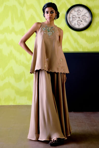 Mocha floral appliqued top and sharara