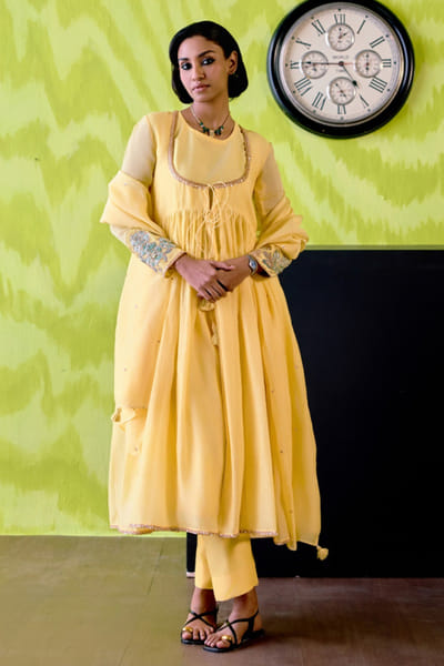 Buttercup yellow floral appliqued anarkali set