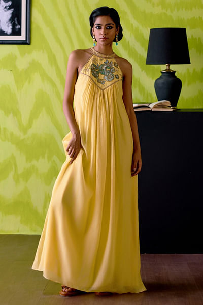 Buttercup yellow floral appliqued dress