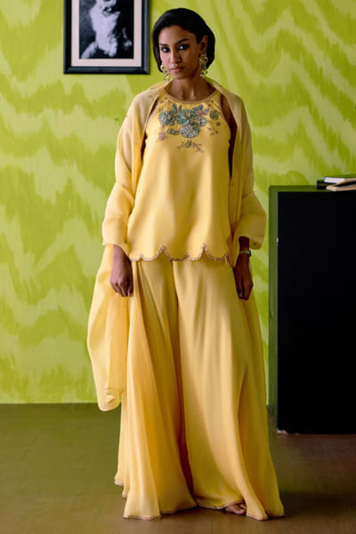Buttercup yellow floral top and sharara set
