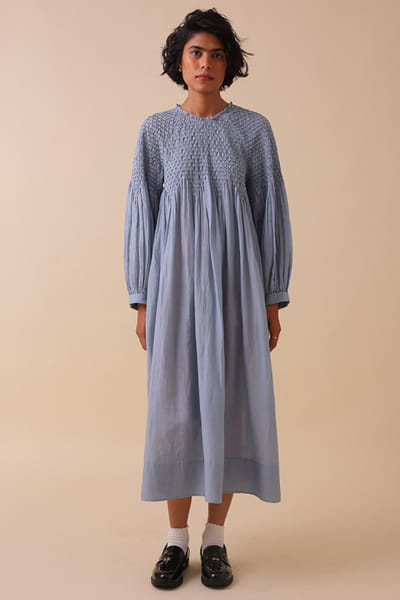 SWGT Powder blue smocked cotton silk dress SWGTAPR26D143261