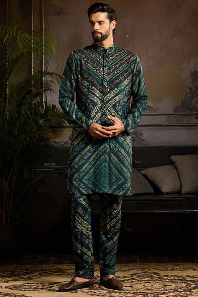 Dark green chevron printed kurta set