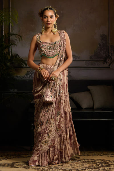 Beige and maroon print tiered drape sari set
