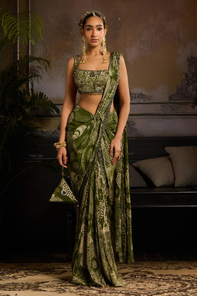 DiyaRajvvir Sage green printed pre-draped skirt sari set DIYFEB25D118193
