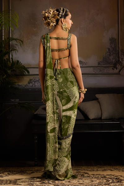 DiyaRajvvir Sage green printed pre-draped skirt sari set DIYFEB25D118193