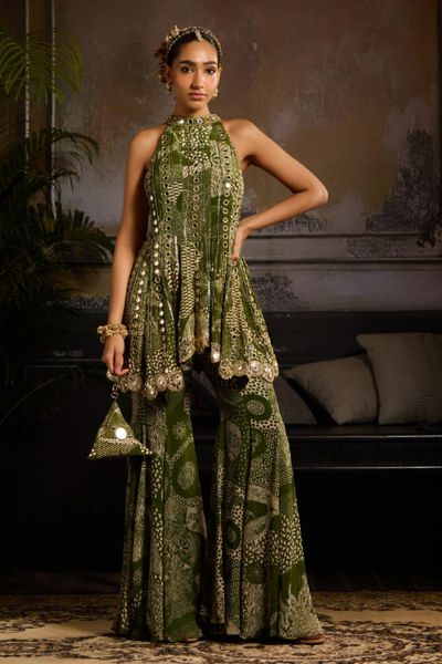 Sage green abstract print peplum kurta set