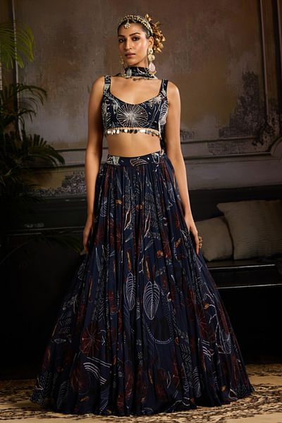 Dark blue leaf printed lehenga set