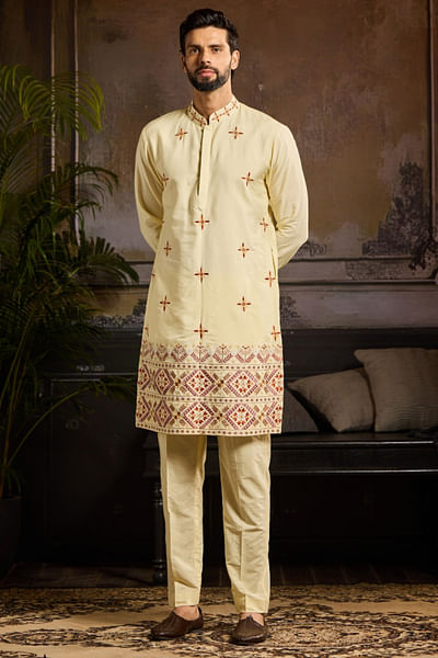 Pastel yellow tribal embroidered kurta set