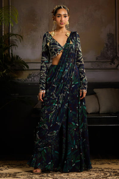 Dark blue printed pre-draped sharara sari set