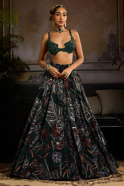 Dark green printed and embellished lehenga set