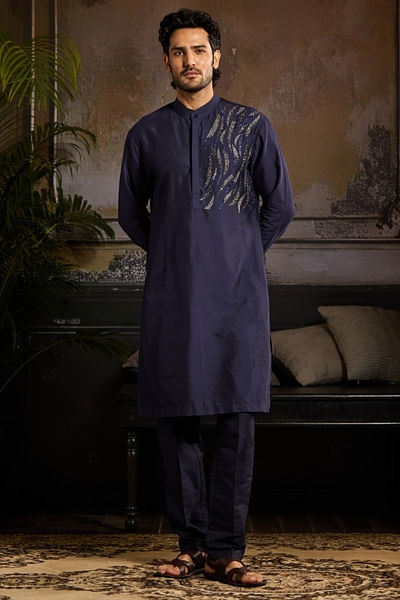 Dark blue wave cutdana embroidered kurta set
