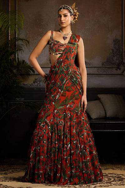 Rust leaf print pre-draped mermaid sari set