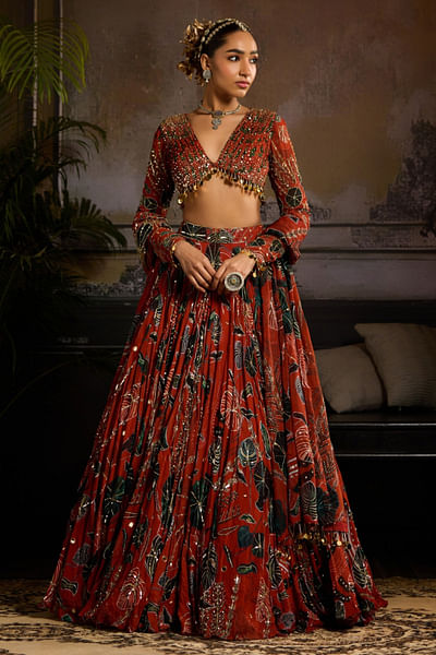 Rust leaf printed and embellished lehenga set
