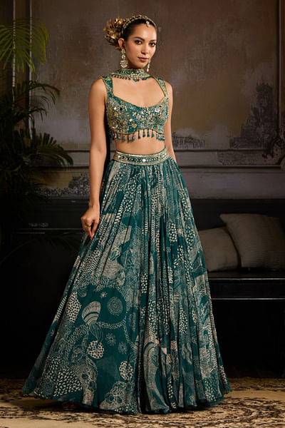 Teal abstract print embellished lehenga set