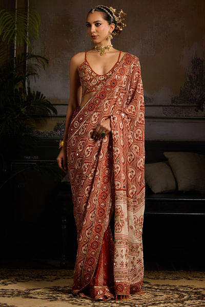 Rust leaf printed pre-stitched sari set