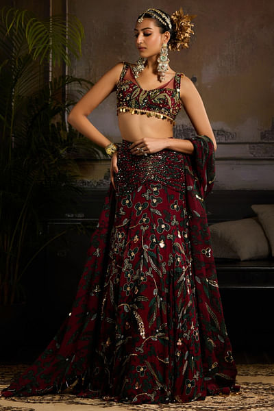 Wine leaf print and ruched mermaid lehenga set
