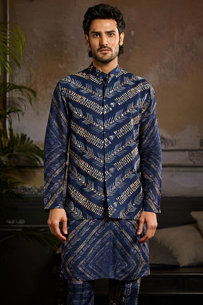 Blue chevron printed bandi and kurta set