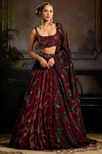 Wine leaf printed and embellished lehenga set